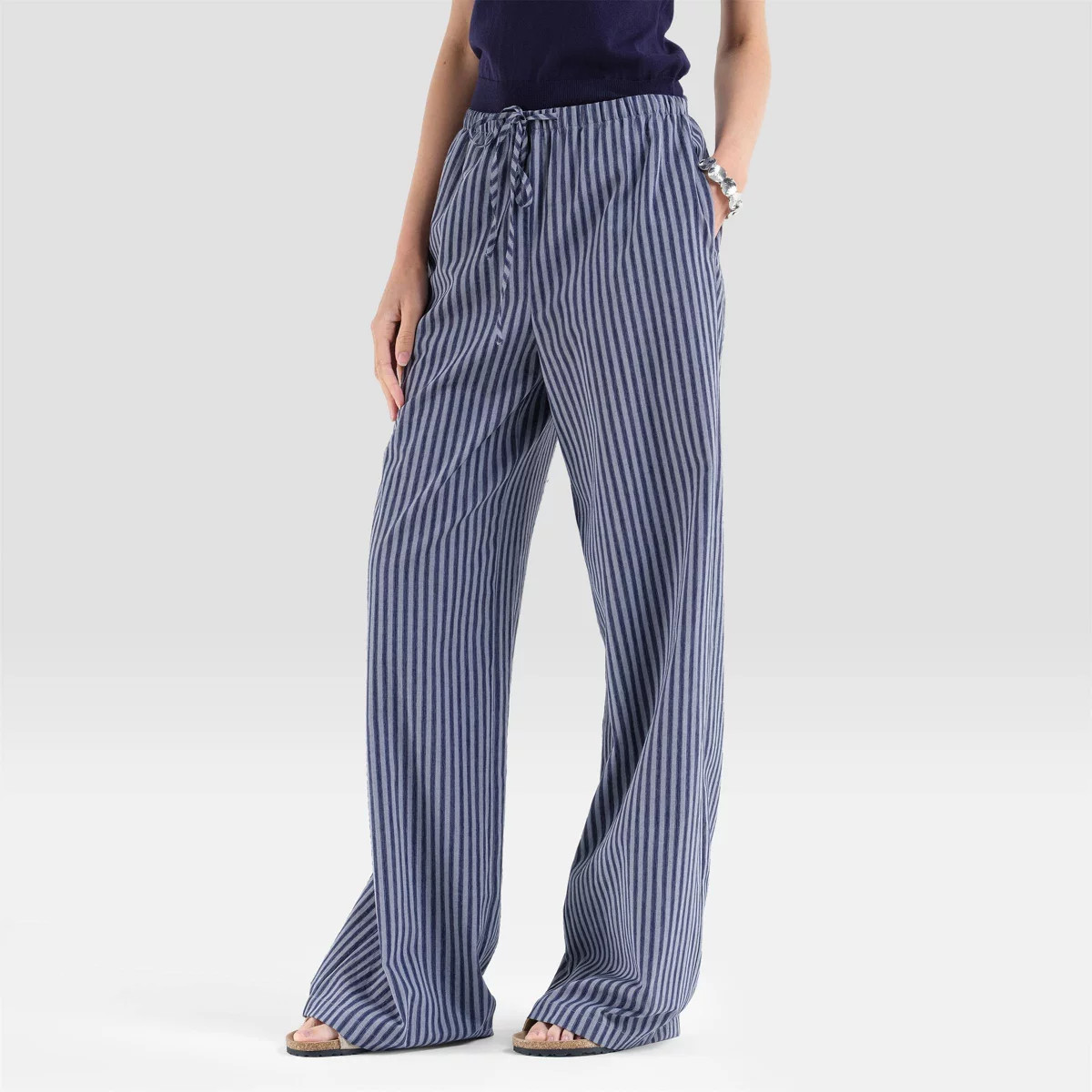 Women's Mid-Rise Drawstring Wide Leg Trousers - A New Day™ Navy Blue Striped S | Target