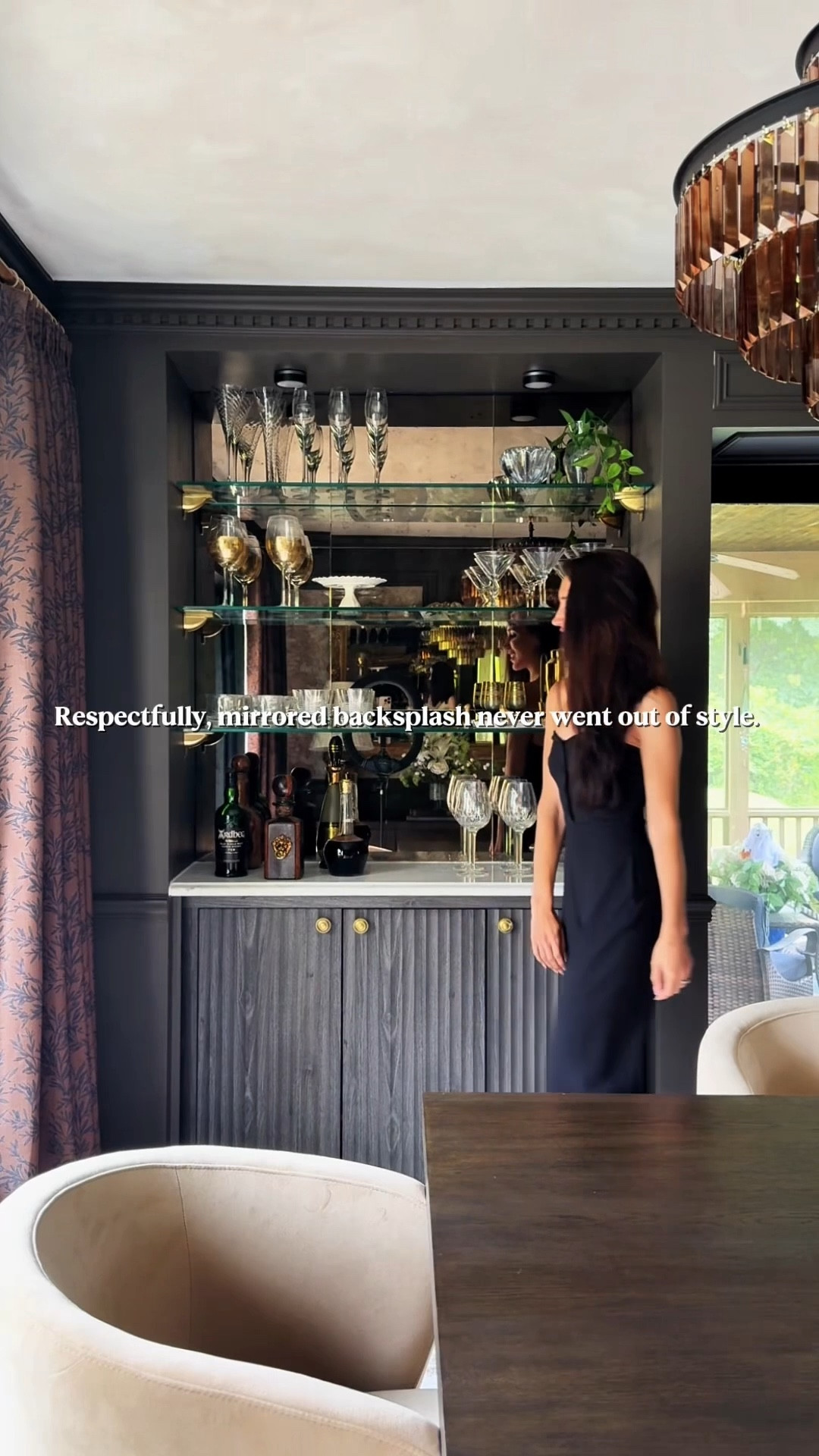 I will die on that hill🪞Comment SHOP for the antique gold mirror link! 

#diningroomremodel #moodyinteriors #drybar #luxuryinteriors #interiorlovers 