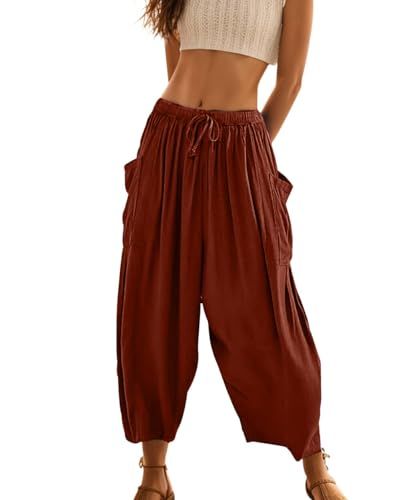 Women's Flowy Linen Pants Casual Wide Leg with Drawstring Pockets Summer Trousers Hippie Pants | Amazon (US)