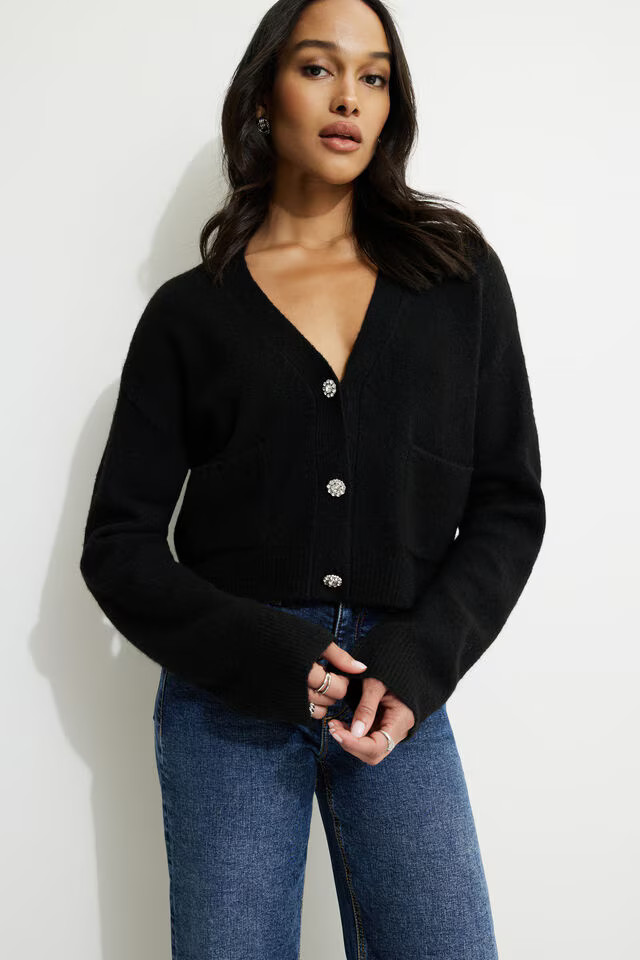 Heavenlyarn™ Abbey Jewel Button Cropped Cardigan | Dynamite Clothing