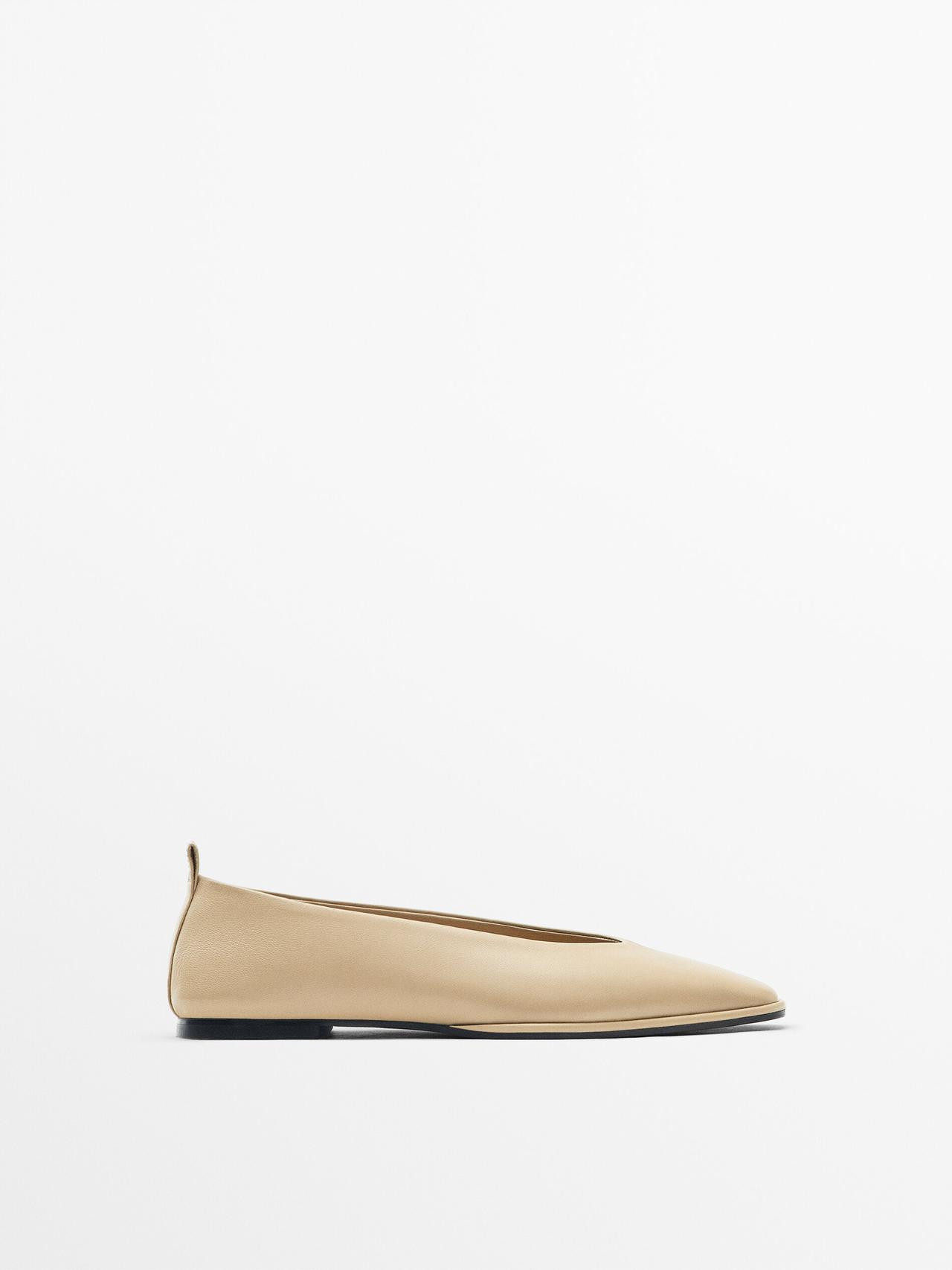 Square-toe leather ballet flats | Massimo Dutti US