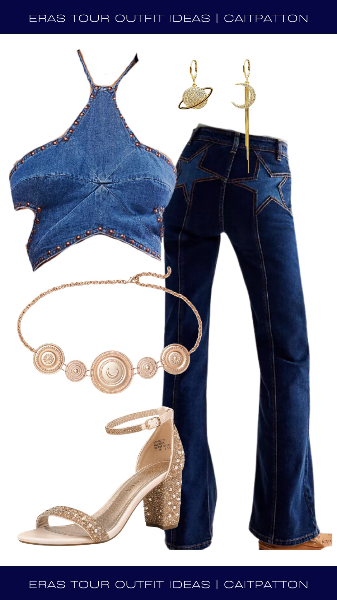 Midnights eras tour outfits, midnights eras tour outfit, midnights era outfit, midnights era, midnights album, midnights Taylor swift, midnights eras outfit, midnights outfits, midnights Taylor swift outfit, eras tour outfit, eras tour outfit idea, Taylor swift outfit idea, Taylor swift outfit, star top, denim top; star denim top, star jeans, star pocket jeans. Celestial belt, gold belt, gold heels; rhinestone heels, celestial jewelry, celestial earrings 

#LTKStyleTip #LTKSaleAlert #LTKShoeCrush