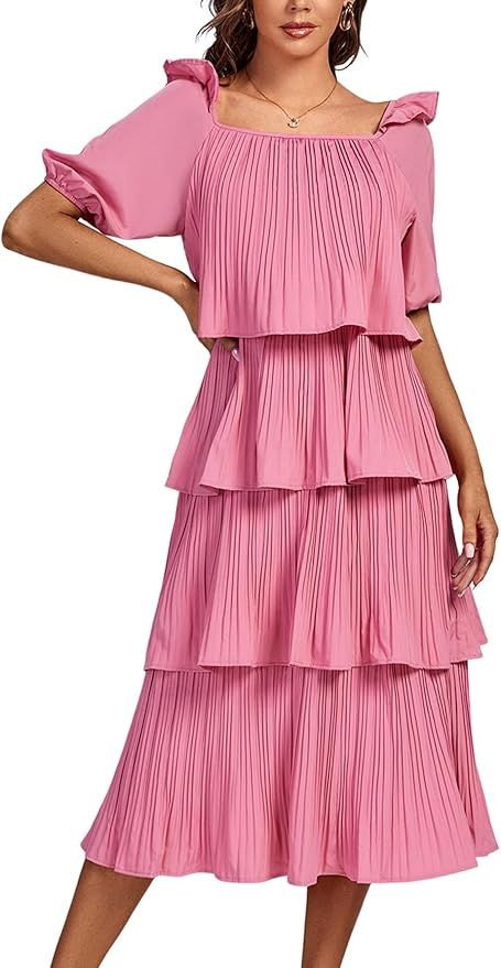 LYANER Women's Square Neck Puff Short Sleeve Layered Tiered Ruffle Pleated Midi Dress | Amazon (US)