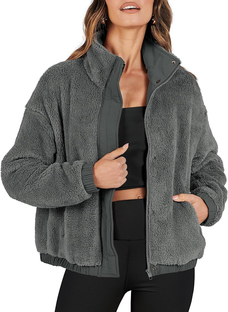 ANRABESS Womens Fleece Jacket Casual Long Sleeve Cropped Sherpa Button Down Fuzzy Warm Coats Fall... | Amazon (US)