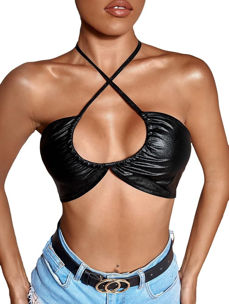 SheIn Women's PU Leather Criss Cross Halter Top Ruched Backless Sleeveless Crop Top Cami | Amazon (US)