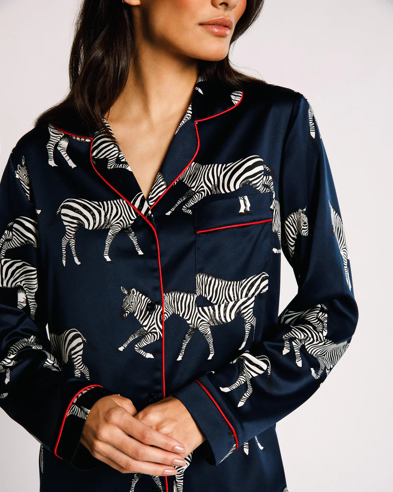 Navy Zebra Satin Button Up Pyjama Set | Chelsea Peers NYC