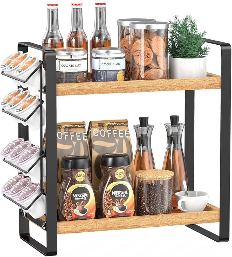 LEMIKKLE Coffee Station Organizer for Counter,Condiment Storage Caddy for Kitchen,2 Tier Wooden S... | Amazon (US)