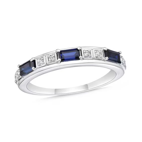 Baguette Lab-Created Blue and White Sapphire Duo Alternating Three Stone Band in Sterling Silver|... | Zales