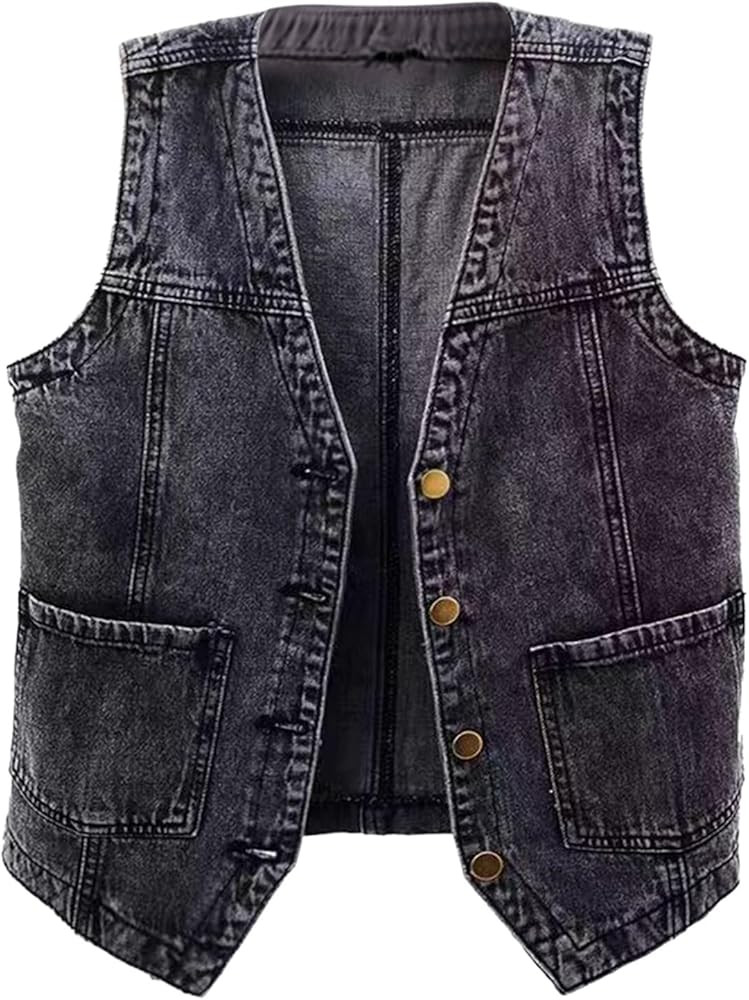Womens Denim Jean Jacket Vest Button Up Cropped Distressed Sleeveless Casual Waistcoat Ripped Jac... | Amazon (US)