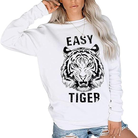 Women Easy Tiger Letter Tiger Face Graphic Casual Pullover Sweatshirts | Amazon (US)