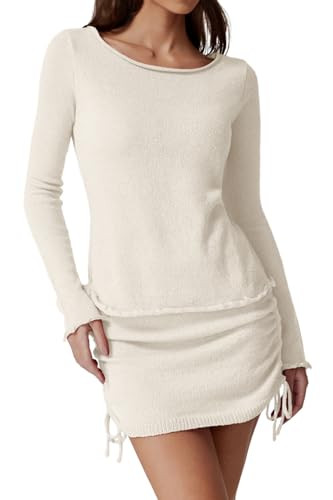 QINSEN Womens Crewneck Lettuce Hem Long Sleeve Knit Top with Drawsting Tie Skirt 2PCS Sweater Set | Amazon (US)