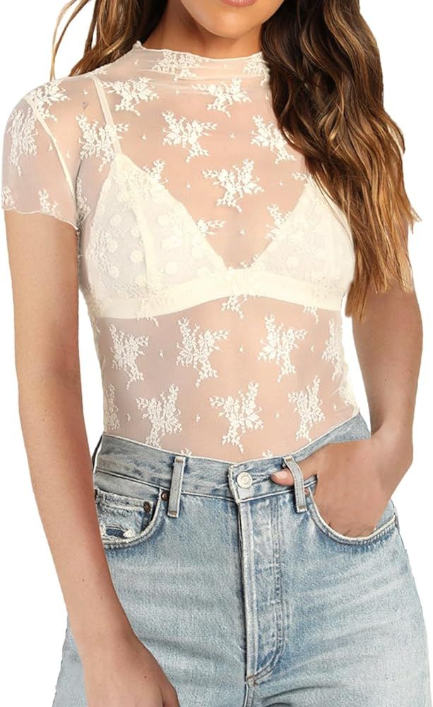 Women Short Sleeve Mesh Top Mock Neck Sheer Floral Lace Tee Top Party Summer Slim Fit Sexy See Th... | Amazon (US)