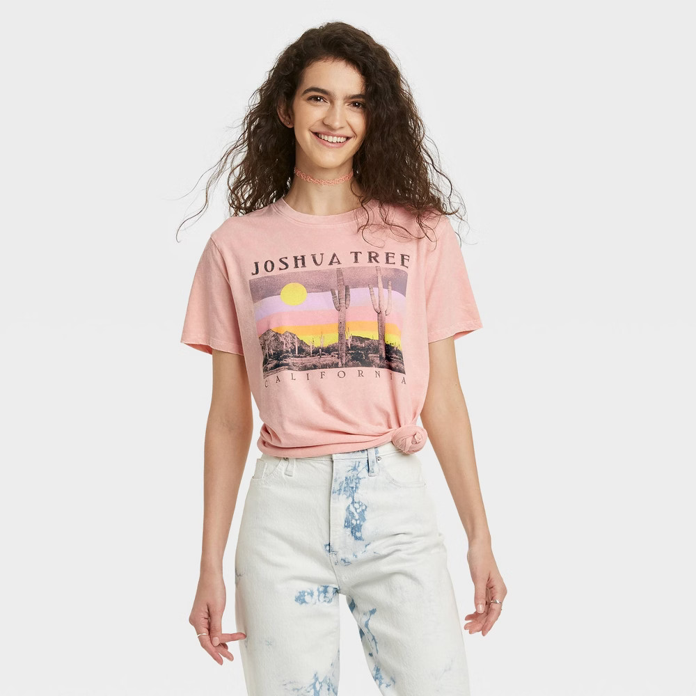 Women's Joshua Tree Photo Short Sleeve Graphic T-Shirt - Blush L, Green/Black | Target