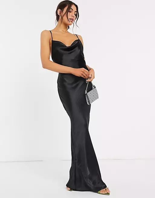 ASOS DESIGN cami maxi slip dress in high shine satin with lace up back in black | ASOS (Global)