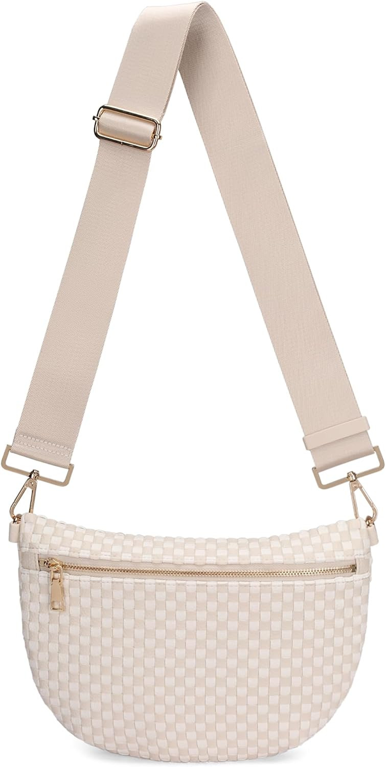 WOOMADA Checkered PU Bum Bag Sling Purse with Adjustable Strap for Travel(Ivory White Check) | Amazon (US)