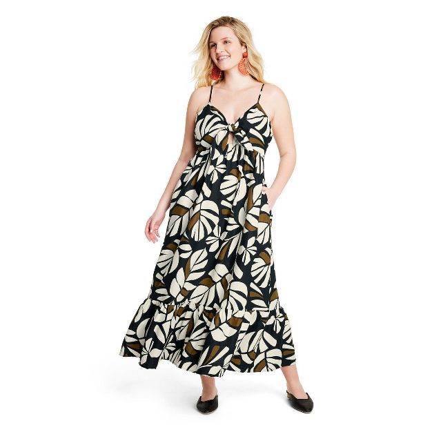 Women's Neutral Botanical Print Sleeveless Tie-Front Midi Dress - Tabitha Brown for Target Black | Target