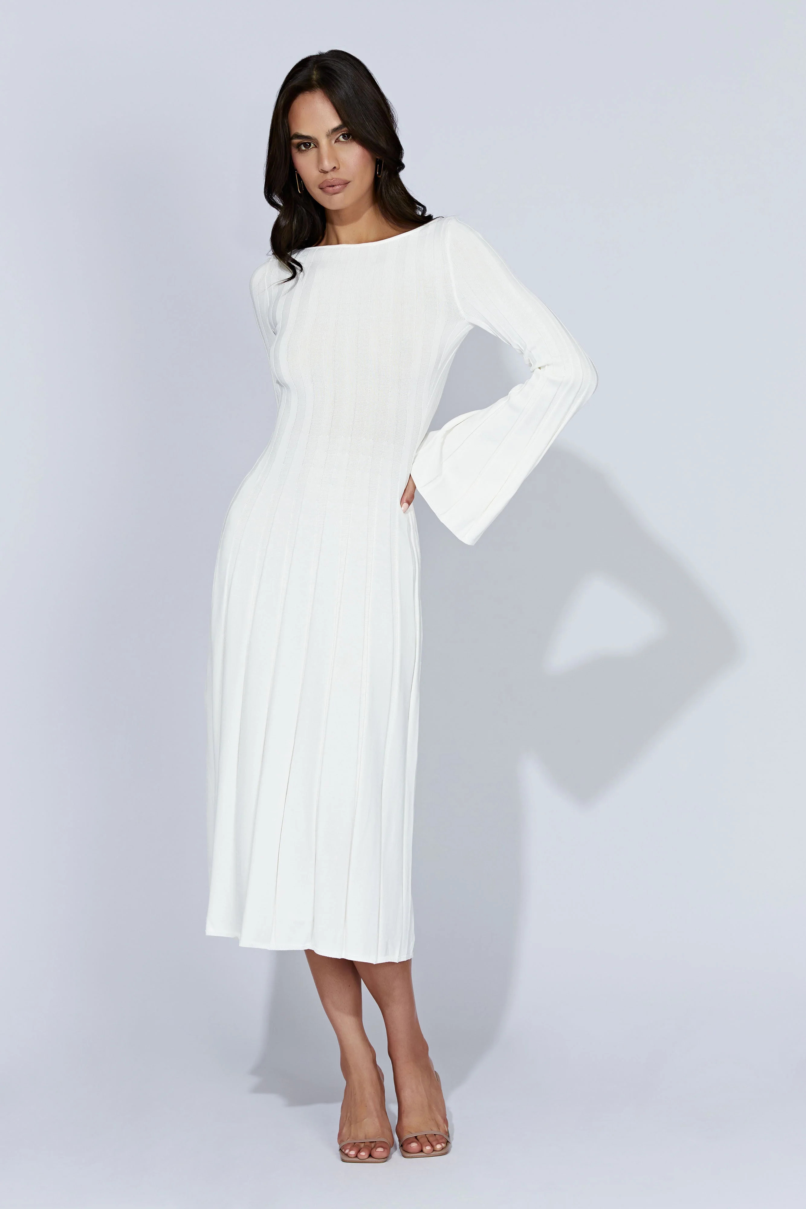 Juniper Flare Sleeve Knit Midi Dress - White | MESHKI US