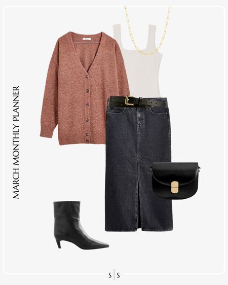Monthly outfit planner: MARCH: Winter to Spring transitional looks | denim black skirt, cardigan, bodysuit, ankle boots, black crossbody

See the entire calendar on thesarahstories.com ✨ 


#LTKstyletip