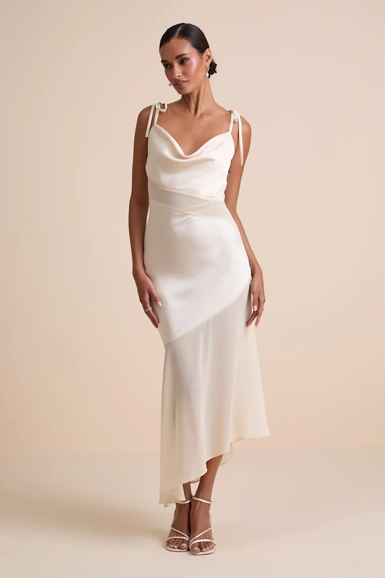 Enara Cream Satin Mesh Tie-Strap Asymmetrical Midi Dress | Lulus