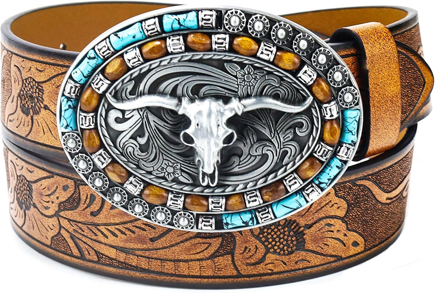 Women Western Cowboy Belt - PU Leather Longhorn Bull Turquoise Embossed Buckle Belt for Jeans Pan... | Amazon (US)