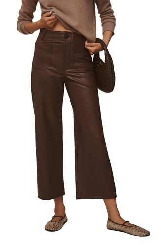 YEXPINE Women's Faux Leather Pants High Waisted Wide Straight Leg Pants PU Trousers with Pockets Brown | Amazon (US)