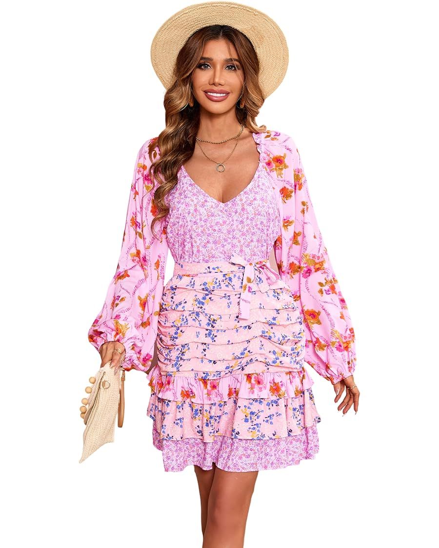R.Vivimos Women's Summer Long Sleeve Boho Dress V Neck Floral Print Layered Ruffle Patchwork Casu... | Amazon (US)