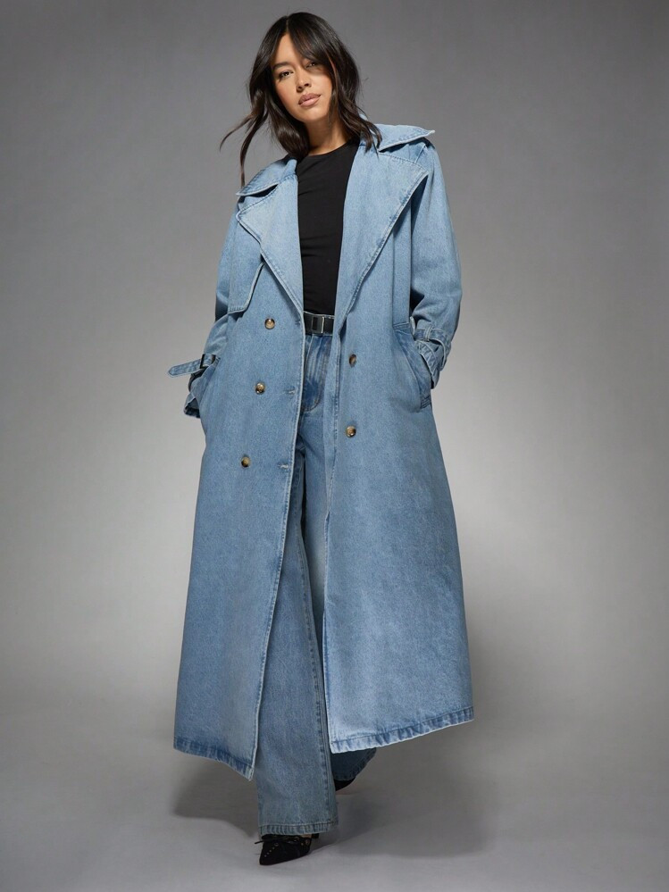 MISSGUIDED Oversized Denim Trench Coat Double Breasted Long Jacket Fashion Statement Piece Fall Winter Outerwear Classic Design High Fashion Streetwear | SHEIN