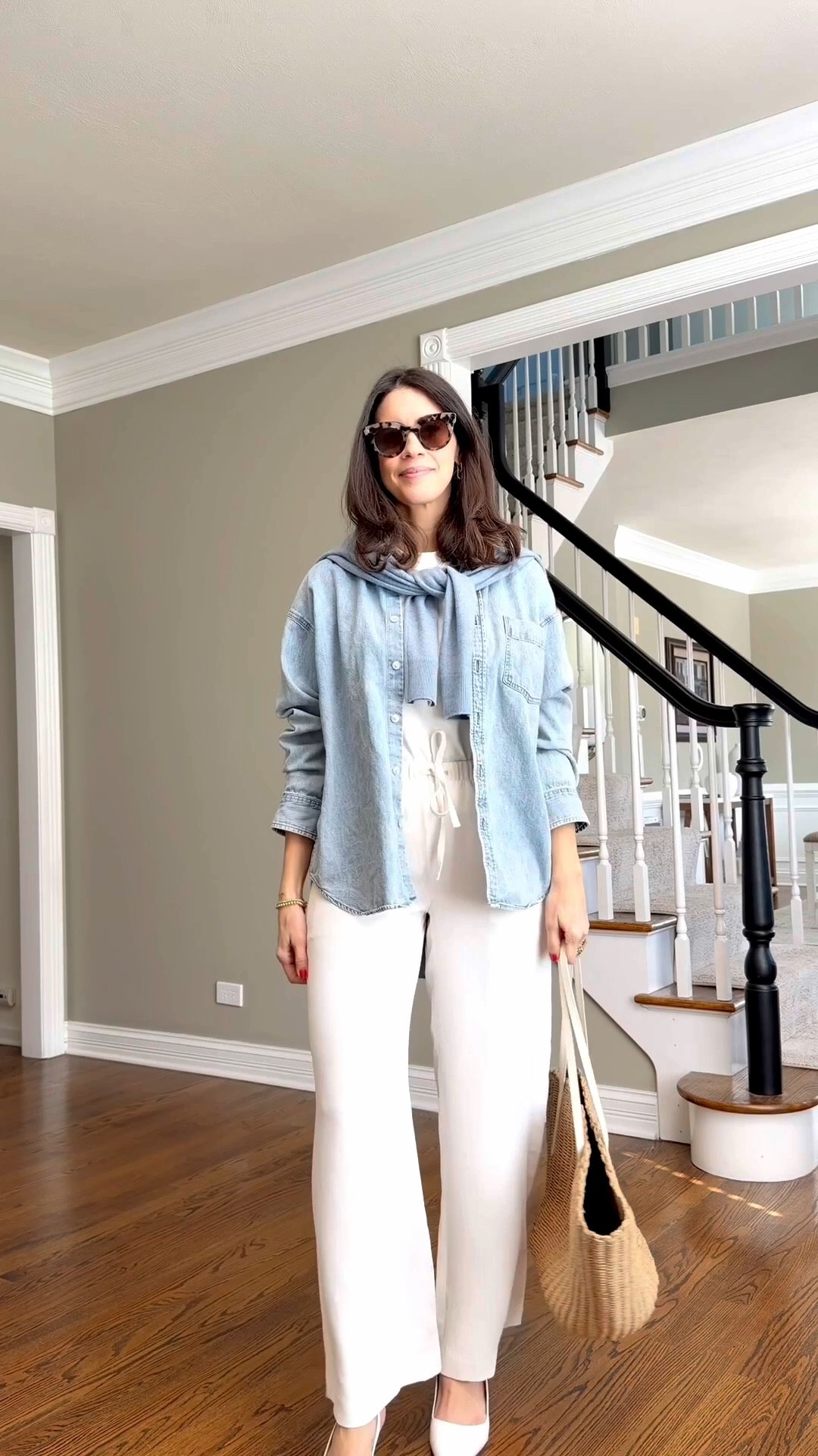 Elevated casual outfit with the viral lodge pants in white @Aritzia 
Pants run TTS
Denim shirt size small
Sweater size small
Slingback run TTS

#LTKOver40 #LTKSeasonal #LTKmomlife