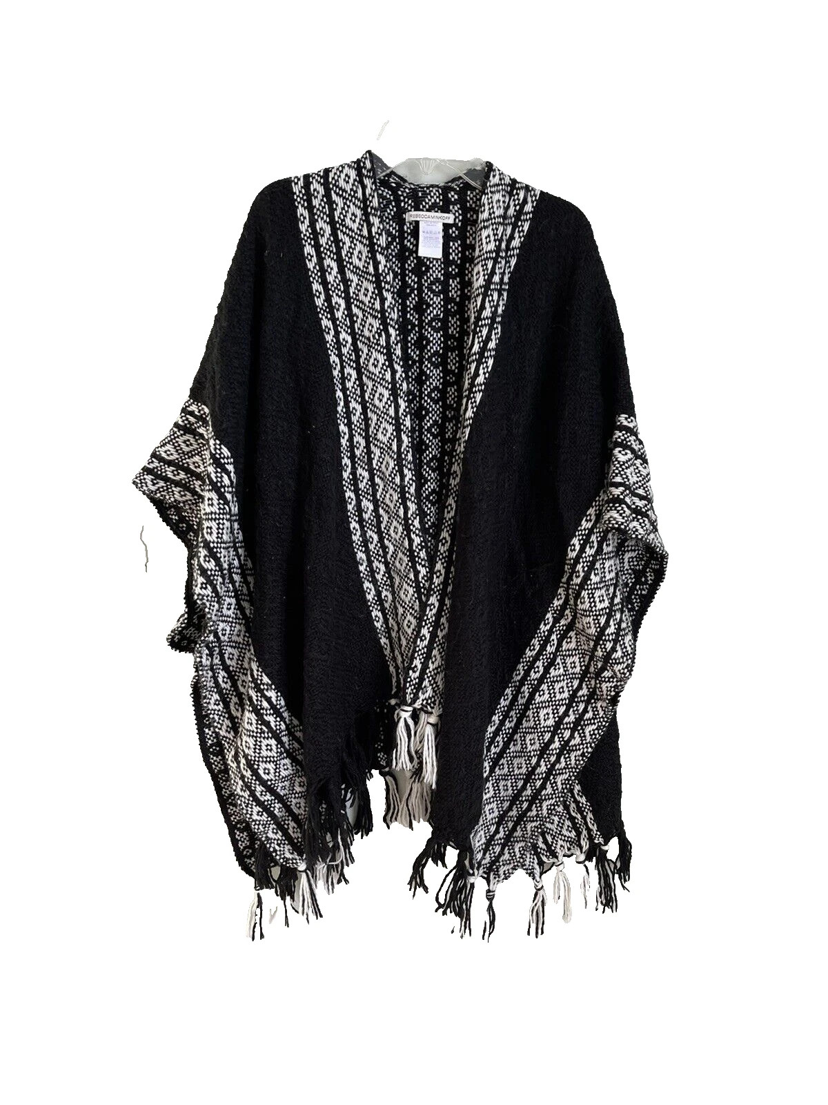 Rebecca Minkoff Black White Open Front Fringed Knit Poncho One Size | eBay AU