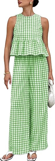 Womens 2 Piece Outfits Sets Gingham Plaid Sleeveless Ruffle Tank Tops and Wide Leg Pants Summer M... | Amazon (US)