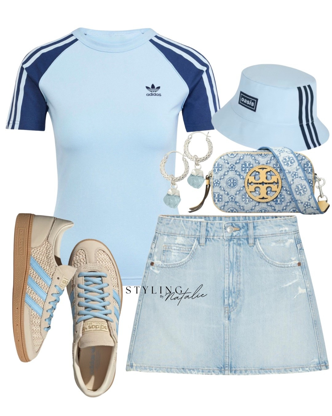 Oasis concert outfit- Blue Adidas original T-shirt ,  denim mini skirt, Adidas Spezial trainers, Baby blue bucket hat & Tory Burch monogram denim crossbody bag. Concert look, summer 2025, 90s revival, sporty chic, festival,  concert look

#LTKeurope #LTKuk #LTKsummer