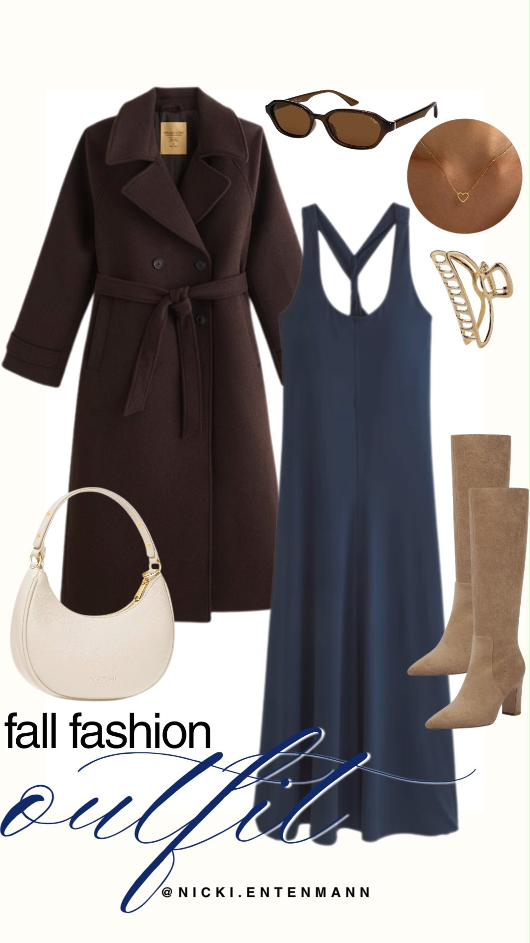 Master rich seasonal layering with this sophisticated fall fashion outfit edit featuring muted slate and chocolate tones. A racerback navy blue midi dress pairs effortlessly under a double-breasted brown wrap trench coat. Tan suede knee-high boots, a sleek cream shoulder bag, tortoise sunglasses, gold claw clip, and a delicate heart pendant complete this chic preppy look.

#fallfashion #falloutfit #streetstyle #outfitinspiration #preppycasual #everydayfashion #chicstyle 

 #LTKgrwm #LTKootd #LTKTravel