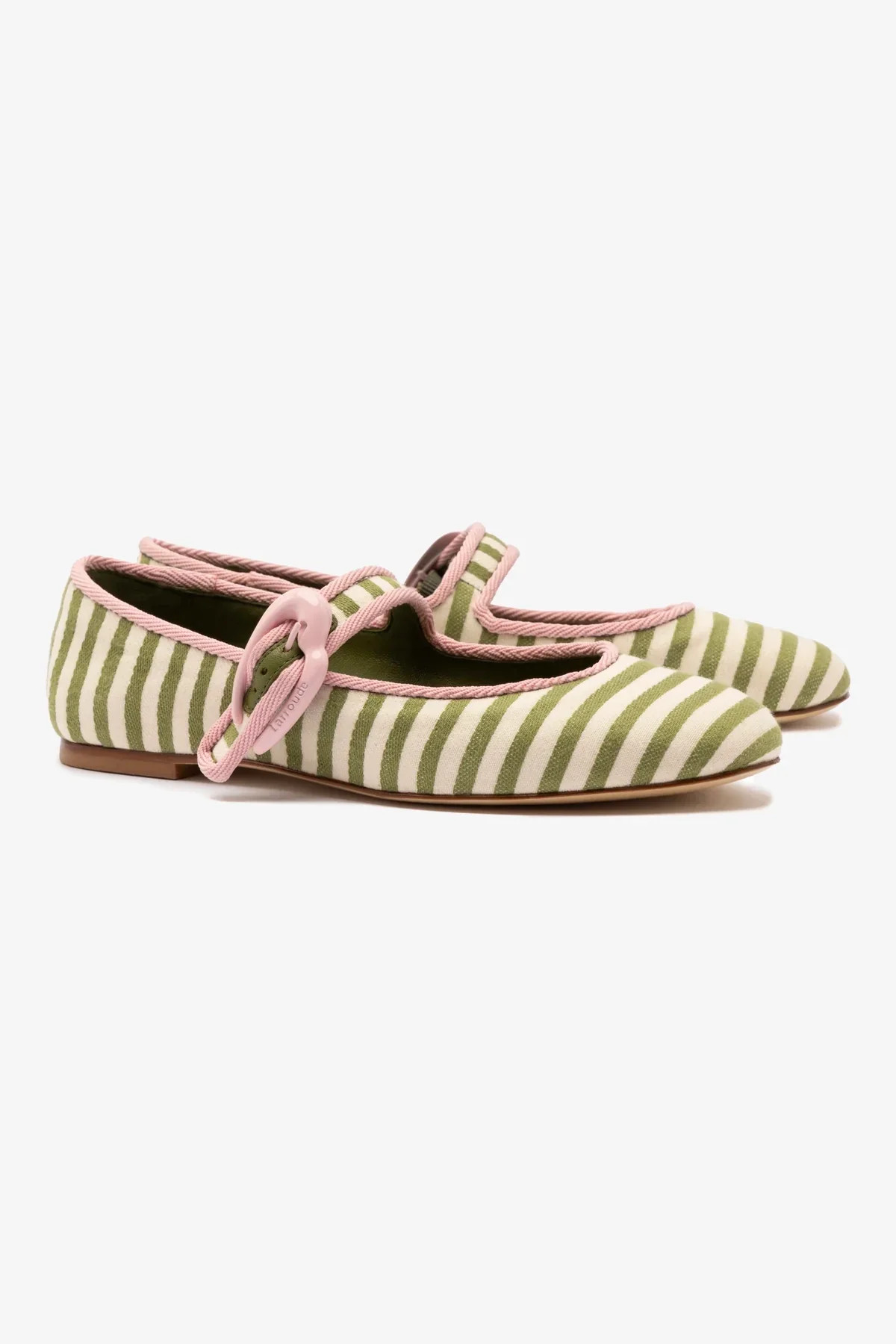 Verona Ballet Flat In Seaweed and Natural Striped Fabric and Tulip Trimming | Larroude