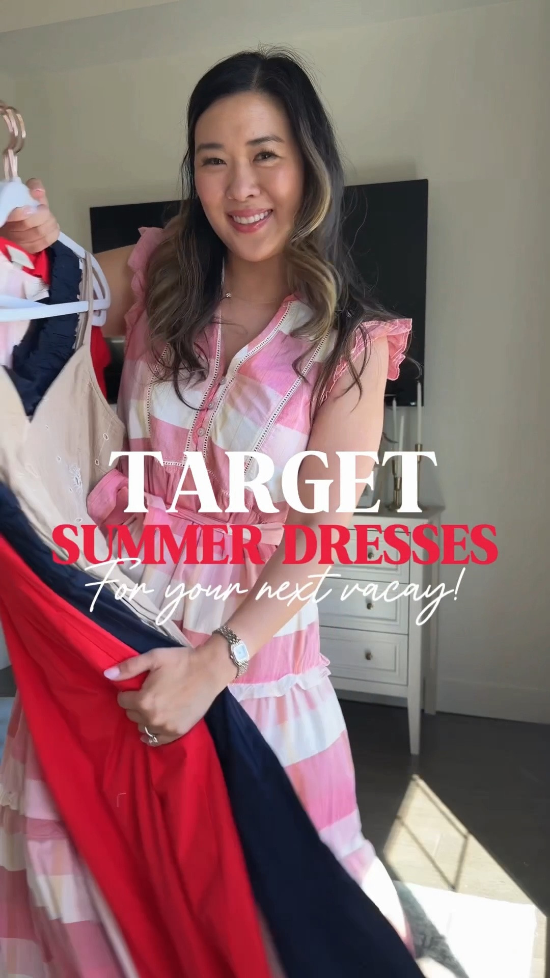 Target Summer Dresses
Pink Gingham Dress: Small
Tan Embroidered Dress: Small (would recommend sizing up)
Strapless Pink Ruffle Dress: Small
Navy Dress: Small
Pink Striped Dress: Small
Red Dress: Small