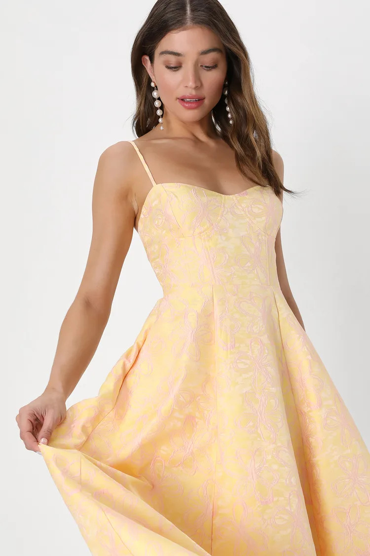Meet for Tea Yellow Jacquard Bustier Midi Dress With Pockets | Lulus