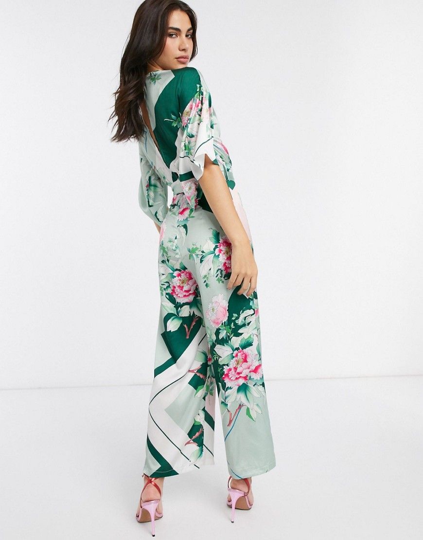 Liquorish satin wrap jumpsuit in floral print-Green | ASOS (Global)