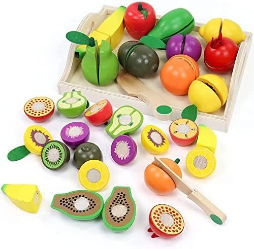 Fajiabao Wooden Toys Play Food Sets for Kids Kitchen Accessories Cutting Montessori Toys for 2 Year  | Amazon (US)