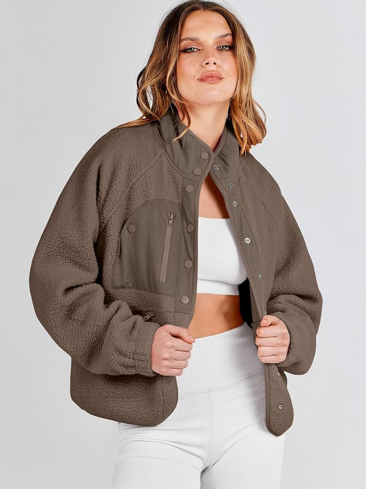 ANRABESS Womens Fuzzy Fleece Jacket Fall Casual Long Sleeve Cropped Sherpa Button Down Shacket Co... | Amazon (US)