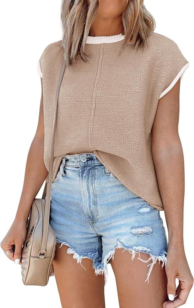 Womens Summer Cap Sleeve Tops Sleeveless Sweater Vest Casual Loose Fit Striped Knit Lightweight P... | Amazon (US)