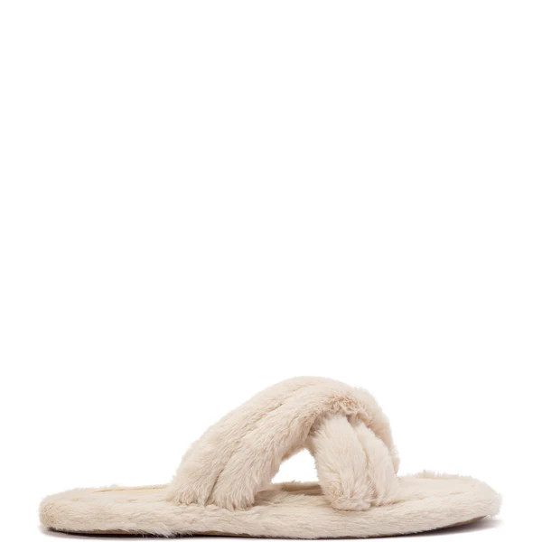 Cali Flat Mule In Cream Faux Fur | Larroude