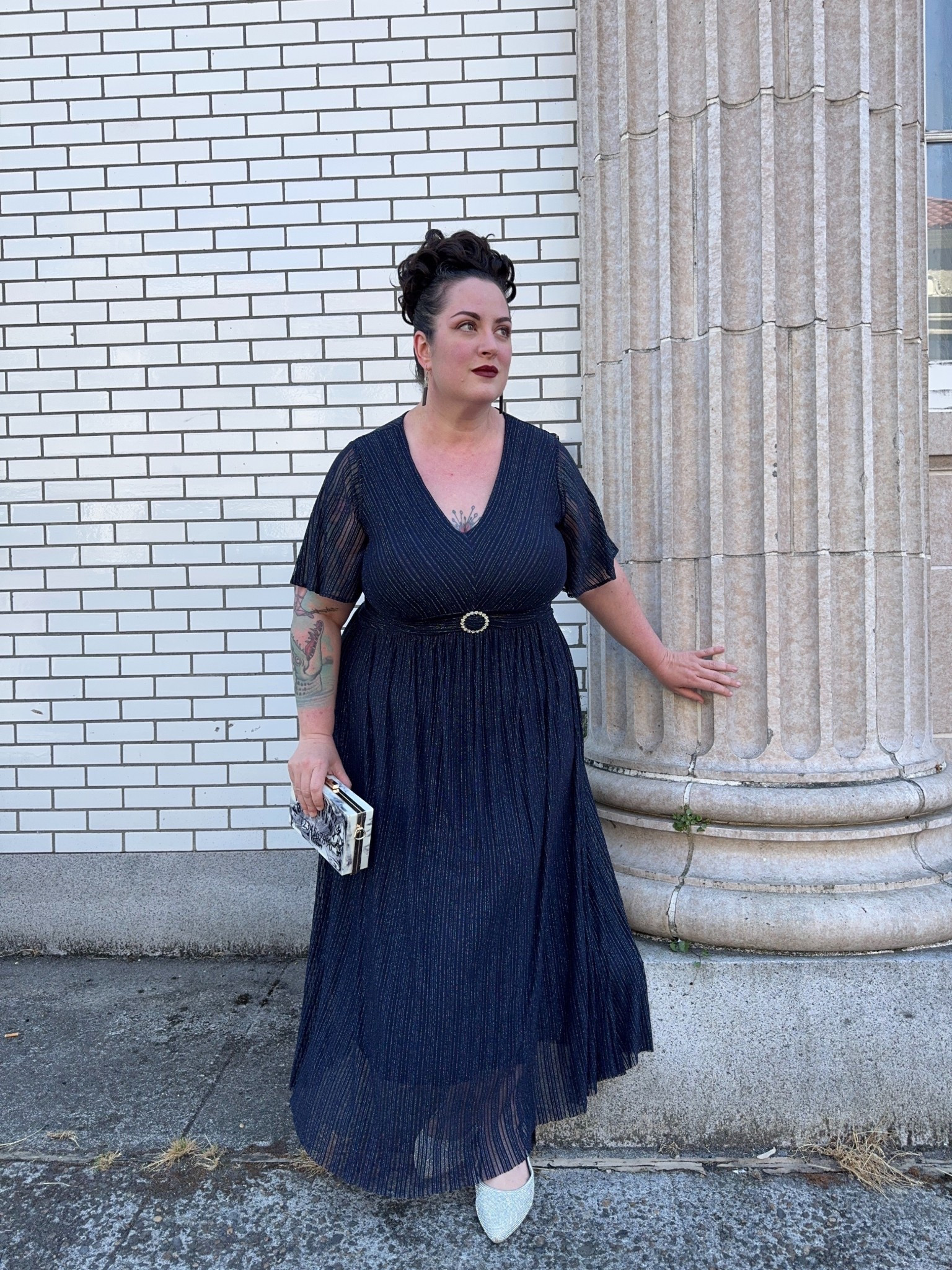 Navy blue formal dress with attached belt and tinsel stripe

#LTKFindsUnder100 #LTKPlusSize #LTKWedding