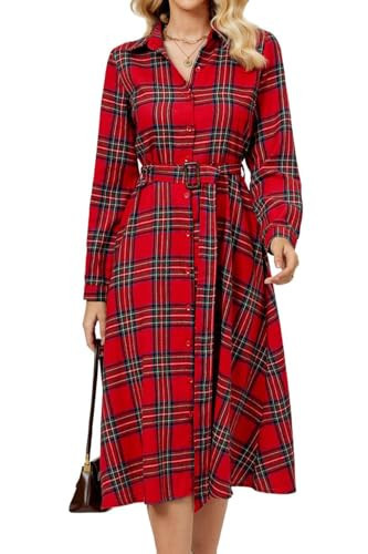 YEXPINE Women's Red Plaid Maxi Dress, Long Sleeve, Collared, Belted, Button Down, Size Large | Amazon (US)