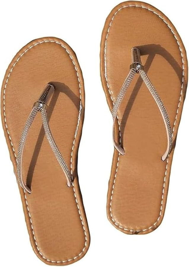 OYOANGLE Women's Rhinestone Decor Flip Flop Sandals Summer Casual Flat Thong Sandal | Amazon (US)