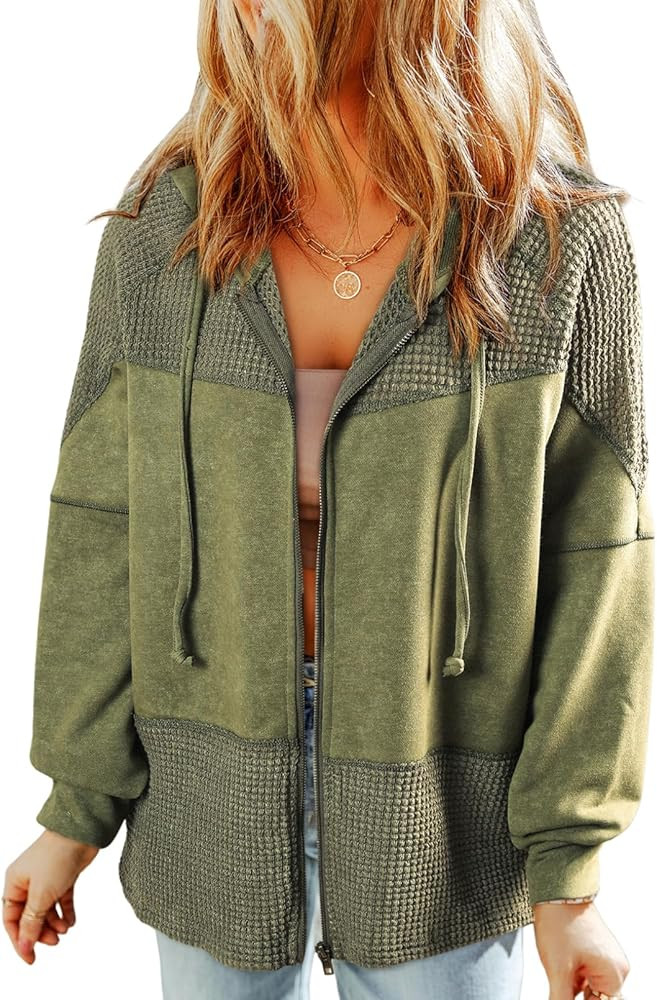 Dokotoo Waffle Knit Hoodies for Womens Zip Up Jackets 2025 Drawstring Fall Casual Jackets | Amazon (US)