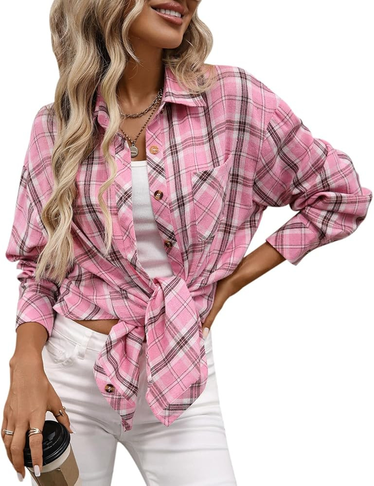 CHYRII Womens Oversized Flannel Shirts Button Down Long Sleeve Plaid Shirt Business Casual Blouse... | Amazon (US)