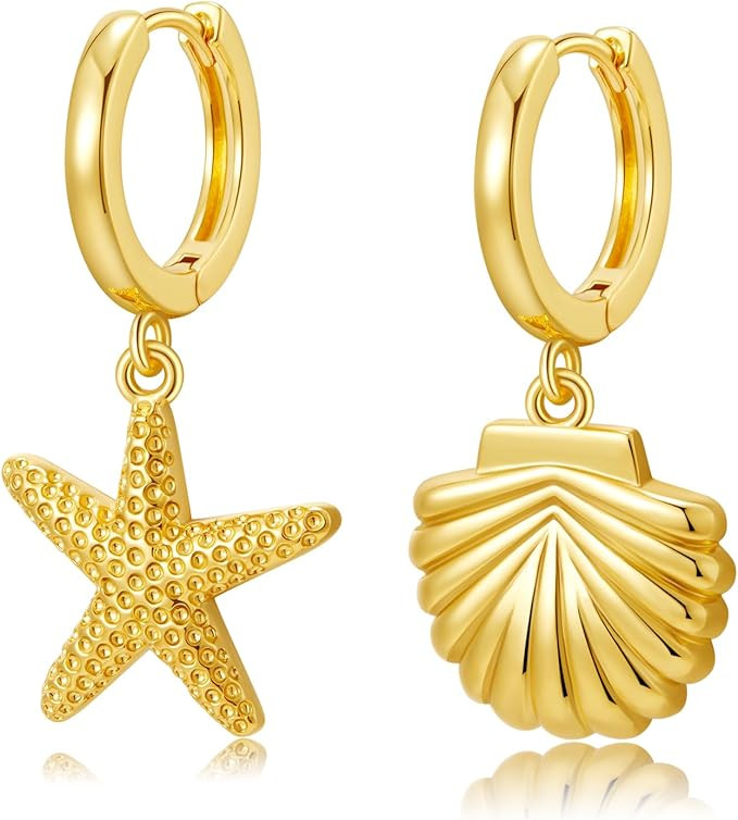 SANNYRA Huggie Earrings for Women - 14K Gold Plated Beach Sea Drop Dangle Earrings - Starfish But... | Amazon (US)
