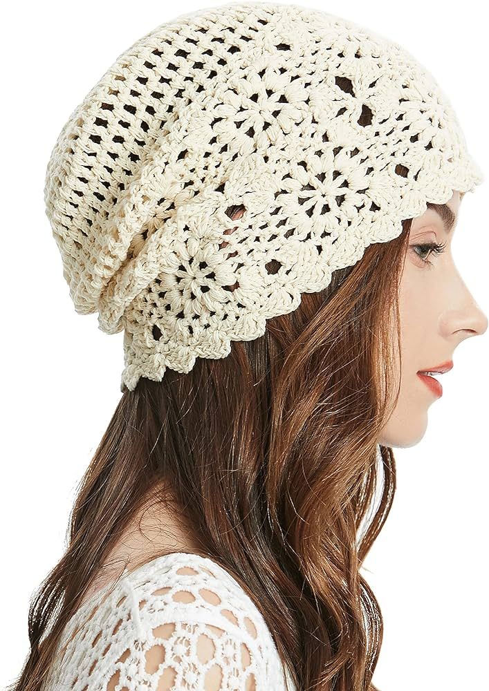 ZLYC Women Cotton Crochet Slouchy Beanie Hat Handmade Knit Cutout Summer Floral Skull Cap | Amazon (US)