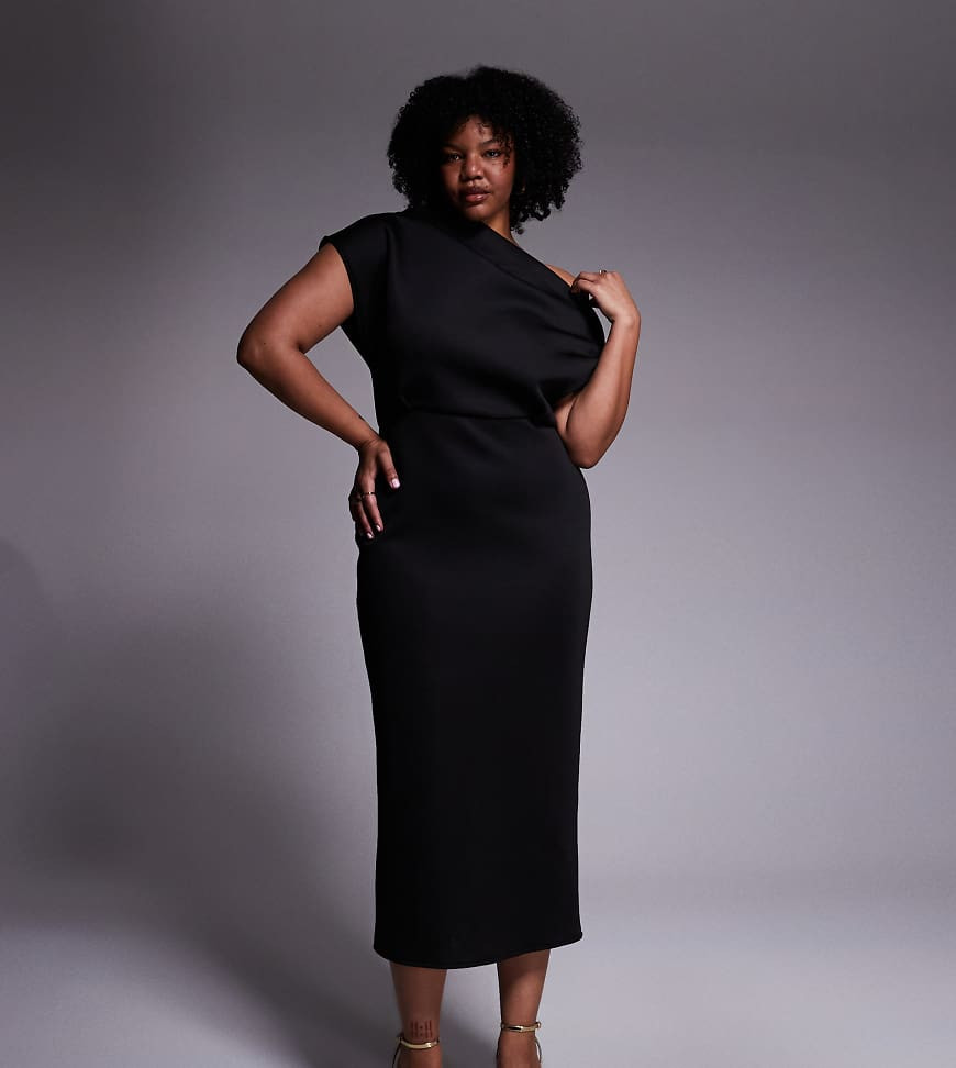 ASOS DESIGN Curve dramatic neckline midi dress in black scuba-style fabric | ASOS (Global)