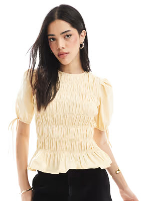 ASOS DESIGN puff sleeve top with shirring detail in yellow | ASOS | ASOS (Global)