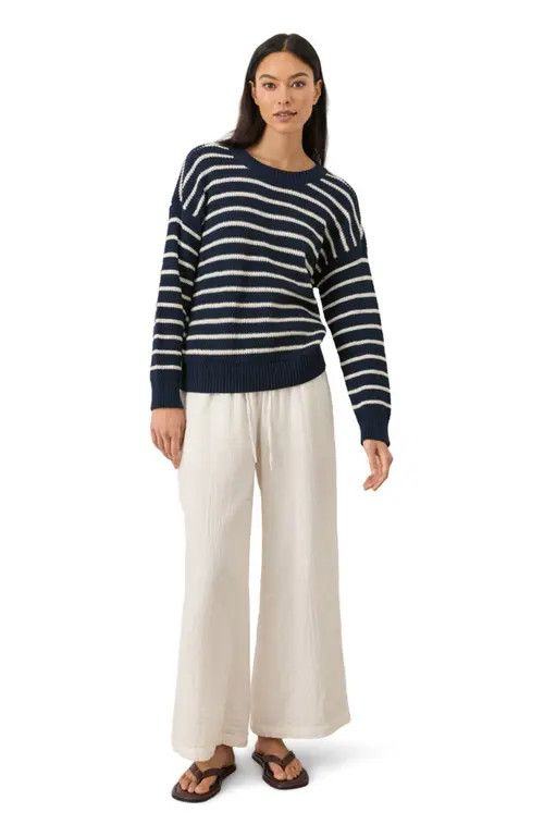 Pact Organic Cotton Shoreline Pullover Sweater in Seabreeze Stripe Navy Blue at Nordstrom, Size Small | Nordstrom
